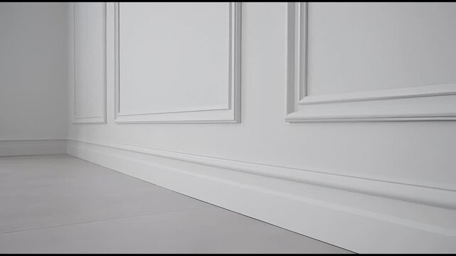 Minimalist modern interior featuring decorative white horizontal stripe moulding and architectural baseboard detail on a clean wall panel design in an empty contemporary living space