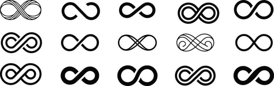 Collection of black and white infinity symbols in various styles and orientations line symbol sign