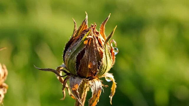 Morning dew on withered flower bud in green field