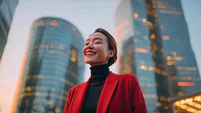 A smiling woman looks upwards toward a modern city skyline, conveying a sense of optimism and ambition. Ideal for illustrating themes of success, futu