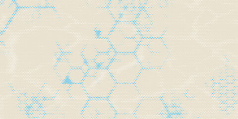 Abstract beige background with a light blue hexagon grid and halftone dot effect. Soft geometric honeycomb shapes blend with subtle textured gradients, © Zayyan