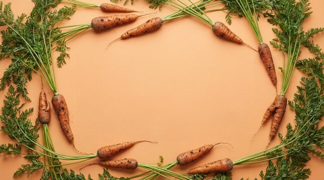 Top view of fresh carrots with green tops arranged in a circle shape on a warm orange background with empty space in the center