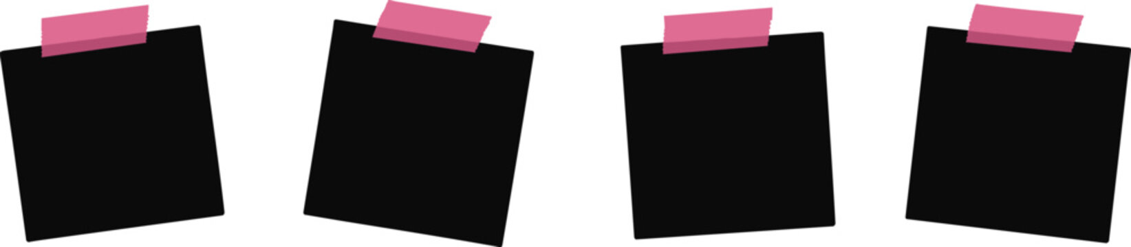 Four black square sticky notes with pink tabs on arranged in a row office supplies