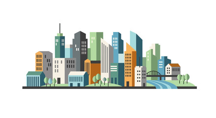 Obraz premium Modern cityscape illustration featuring skyscrapers and buildings on white background