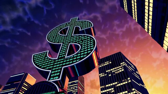 Digital binary code transforming into massive dollar sign, rotating over urban skyline during golden sunset, representing financial technology and global economic power in seamless animated loop