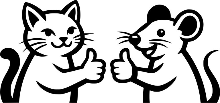 cat and mouse vector design, with thum up 