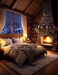 Cozy cabin bedroom with fireplace and snowy night view