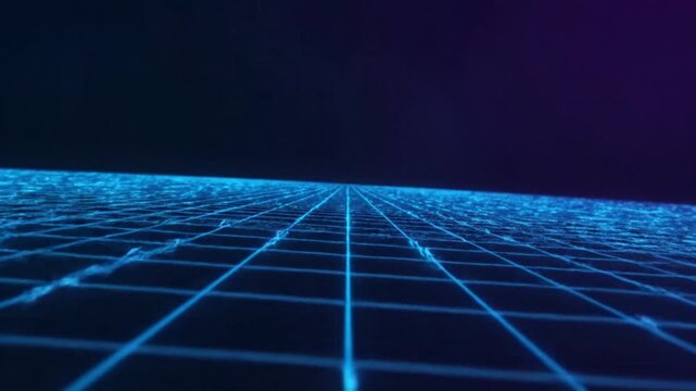 Digital cyber grid motion background, moving perspective grid floor with subtle light pulses