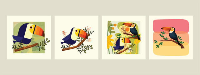 Obraz premium Set of bird toucan sits on trees, branch vector illustration background. Tropical birds collection.