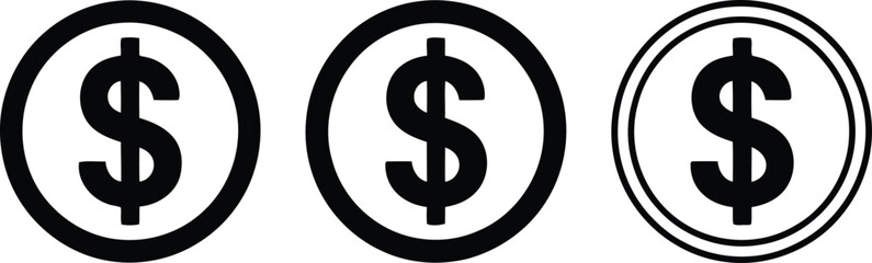 Obraz premium Three black dollar sign icons in a row on a white background Vector