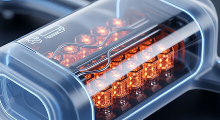 Obraz premium Futuristic transparent battery cell with glowing orange energy inside, showcasing advanced energy storage technology and clean power innovation