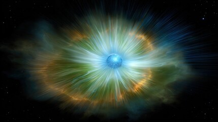 Fototapeta premium thermosphere. A painterly solar corona explosion with rippling aurora energy cascading toward a small blue planet. STEM education sheets.