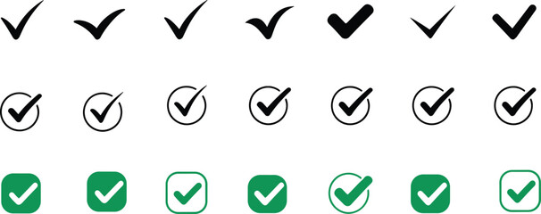 Set of black and green check marks and circles in various styles and sizes symbols © MAMUN