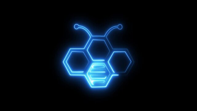 Glowing neon line Bee and honeycomb icon isolated on black background. Honey cells. Honeybee or apis with wings symbol. Flying insect. Sweet natural food. 4K Video motion graphic animation 