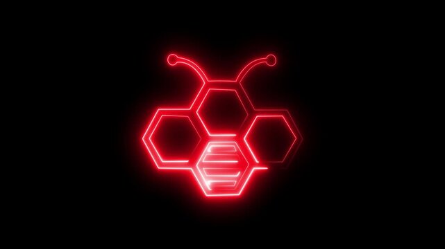 Glowing neon line Bee and honeycomb icon isolated on black background. Honey cells. Honeybee or apis with wings symbol. Flying insect. Sweet natural food. 4K Video motion graphic animation 