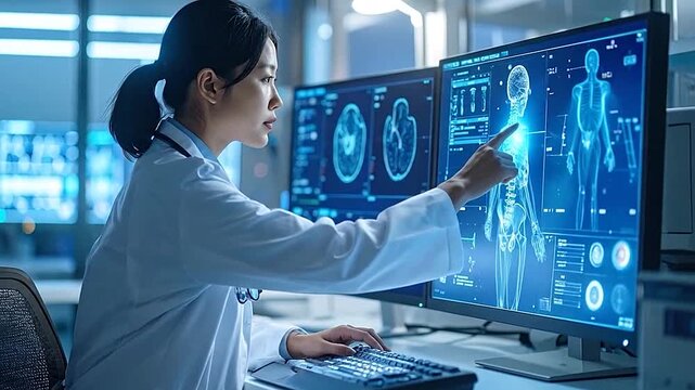 Female doctor analyzing medical scans on advanced computer screens in a modern