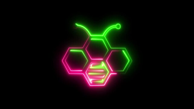Glowing neon line Bee and honeycomb icon isolated on black background. Honey cells. Honeybee or apis with wings symbol. Flying insect. Sweet natural food. 4K Video motion graphic animation 