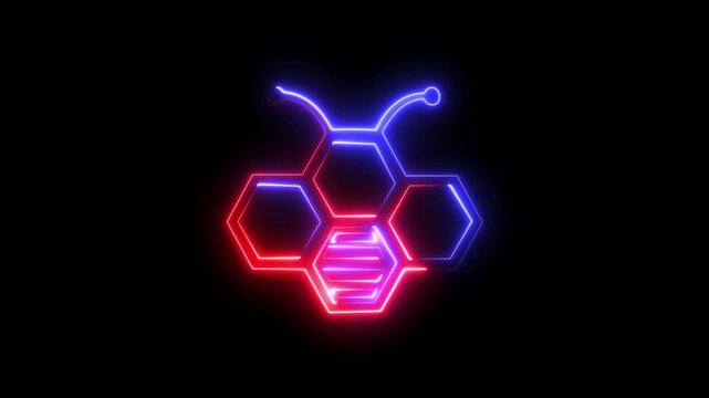 Glowing neon line Bee and honeycomb icon isolated on black background. Honey cells. Honeybee or apis with wings symbol. Flying insect. Sweet natural food. 4K Video motion graphic animation 