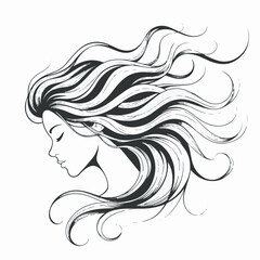 Elegant profile of a beautiful woman with long, flowing wavy hair, a serene and graceful illustration symbolizing natural beauty and freedom and feminine allure
