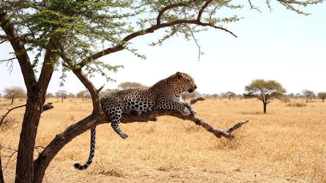 Leopard resting on a tree branch in the African savanna.