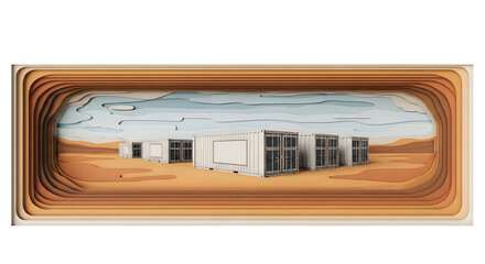 Obraz premium 3D layered paper art of desert landscape with shipping containers