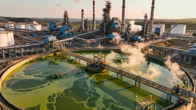 Aerial view of industrial oil refinery pond