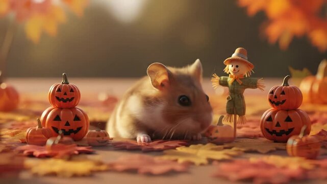 Cute Hamster with Halloween Pumpkins and Scarecrow in Autumn Leaves