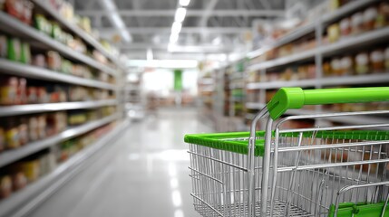 Selective Focus on Green Shopping Cart in Supermarket Aisle with Blurred Shelves and Bright Overhead Lighting