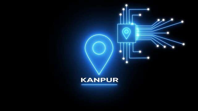 Kanpur Location Map Pin with Circuit Board Neon Lights Technology Background