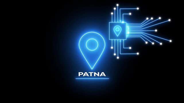 Glowing Blue Map Pin with Circuit Board and P A T N A Text on Dark Background for Location Based Technology and Navigation Concepts