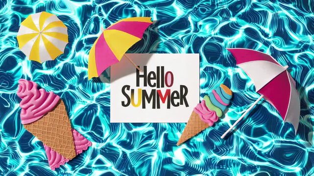 Summer background with ice cream cones, beach umbrellas and a hello summer sign floating on a rippled blue water surface, creating a vibrant and refreshing summer atmosphere in slow motion