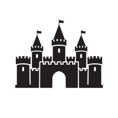 Obraz premium Black silhouette of a medieval castle with towers and flags on a white background