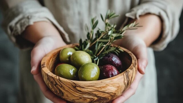 Olive wooden bowl, A smooth, round olive wood bowl with a natural finish