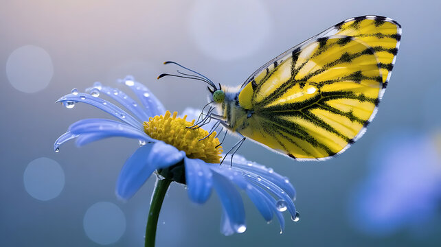 A delicate, bright yellow butterfly with translucent wings perches on a blossoming sky-blue daisy.