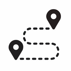A versatile digital icon depicting a clear travel route between two distinct location pins, connected by a dotted line, ideal for navigation and journey planning applications