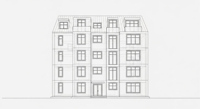 Architectural sketch of a multi story residential building facade.