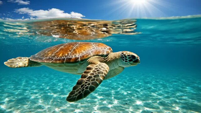 Green sea turtle swimming in tropical ocean with clear blue sky
