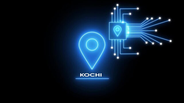 Glowing Blue Map Pin Kochi India Location with Circuit Board on Dark Background location kochi