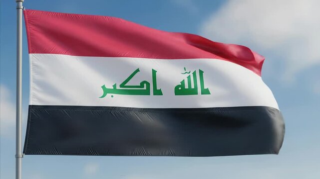 Waving flag of Iraq against a clear blue sky, symbol of national pride and identity