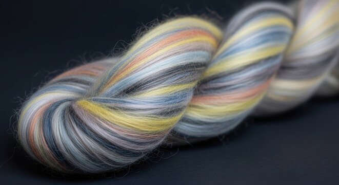 Multicolored yarn twisted into a skein on a dark surface