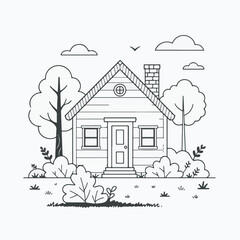 Clean and simple vector line art illustration of a charming house nestled amidst trees and natural elements, creating a peaceful and cozy representation of home life