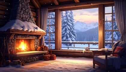 Cozy cabin interior with fireplace and snowy mountain view (1)