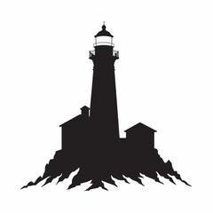 Striking black silhouette illustration of a steadfast coastal lighthouse perched on rugged cliffs, symbolizing guidance, safety, and a timeless beacon for navigation