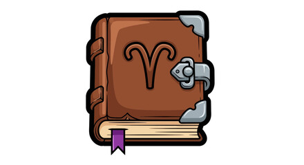 Ancient mystical tome adorned with a cosmic ram symbol, containing secrets of the stars and fate