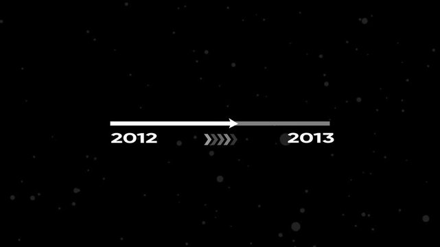 Timeline transition from 2012 to 2013 with arrow and motion chevrons on black background with bokeh lights