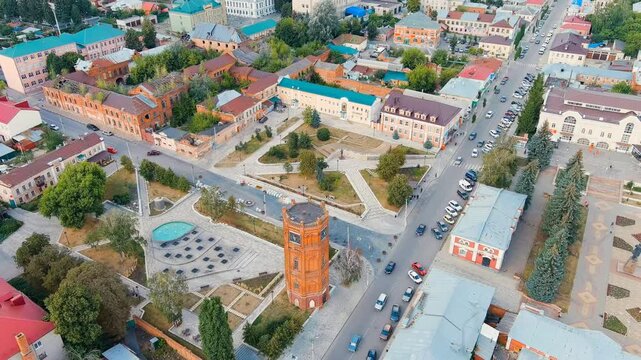 Yelets, Lipetsk region, Russia. The main attraction of the city is the Yelets chimes. Historic city center. Drone footage, Departure of the camera