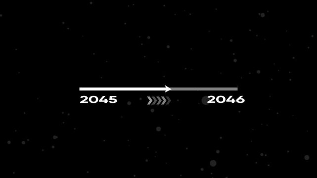 Futuristic timeline animation 2045 to 2046 with arrow and motion chevrons on black background with gray dots