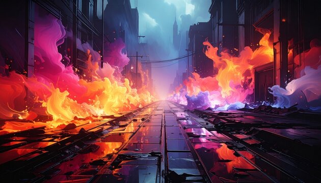 A city street is on fire with flames engulfing buildings and debris scattered everywhere at night.