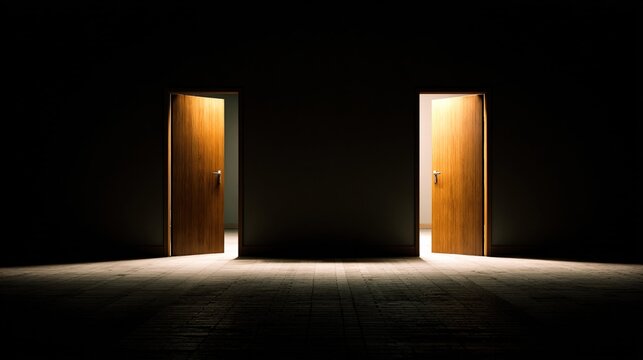 identical. Two identical wooden doors side by side, one brightly illuminated from within. travel magazines, destination branding, designed for travel destination branding, drives exploration.