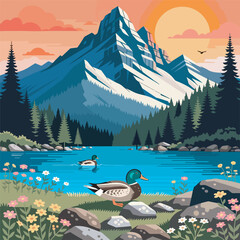 A tranquil mountain lake scene at sunset, featuring majestic snow-capped peaks, evergreen forests, and a pair of ducks gracefully swimming amidst colorful wildflowers and calm waters